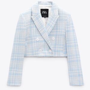 NEW ZARA Women’s Cropped Tweed Blazer – Blue & White | Size XL